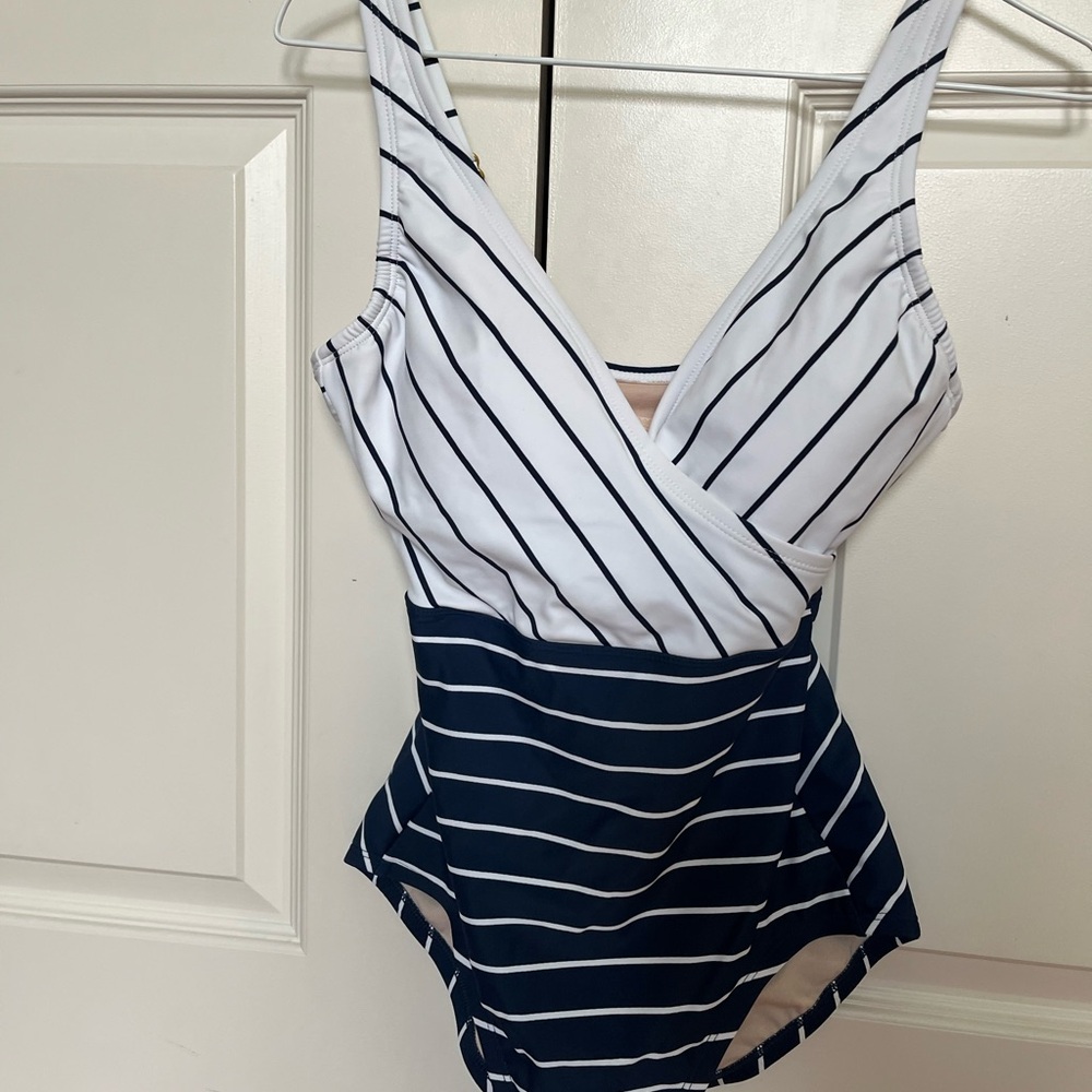 Kona Sol Navy and White Striped One Piece Swimsuit, Size S NWT